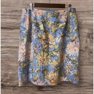Talbots Women's Blue Floral Garden Linen Pencil Skirt with Front Slit